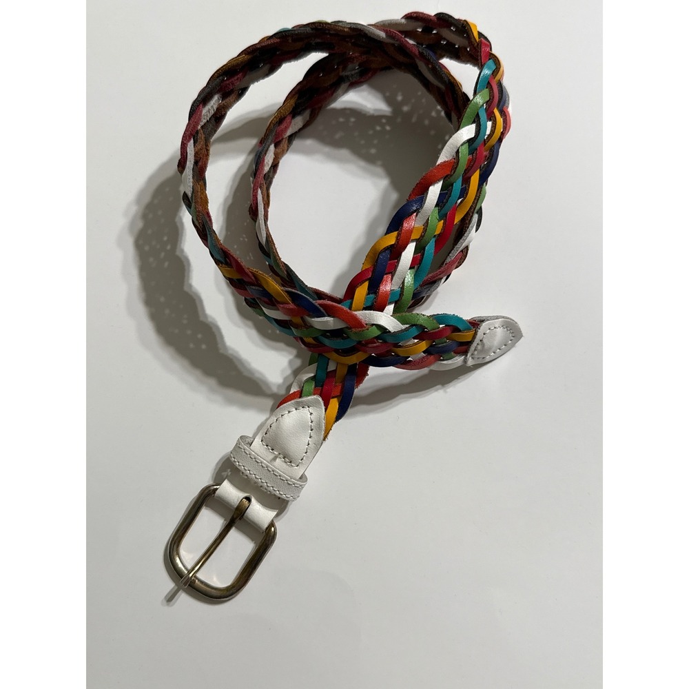 Vintage Multicolor Braided Genuine Leather Belt Woven White Gold Buckle Medium